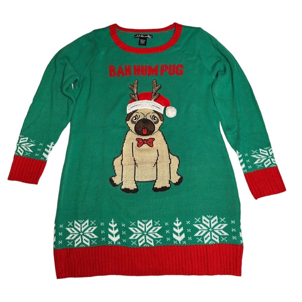 United States Sweater Green Red Womens Bah Hum Pug Ugly Christmas Sweater Size L